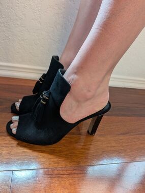 Karl Lagerfeld Black Suede Tassel Peep-Toe Mules